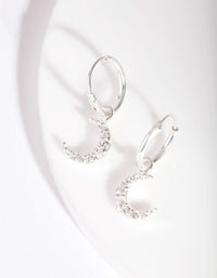 Sterling Silver Diamante Moon Charm Hoop Earrings - link has visual effect only