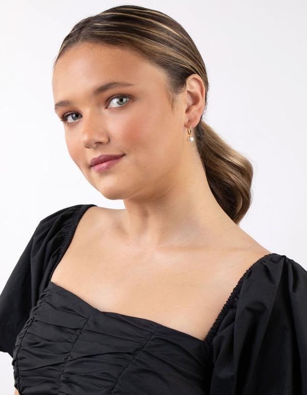 Gold Plated Sterling Silver Pearl Dangle Hoop Earring