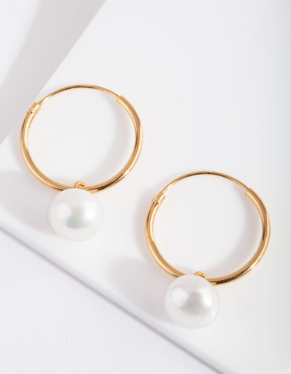 Gold Plated Sterling Silver Pearl Dangle Hoop Earring