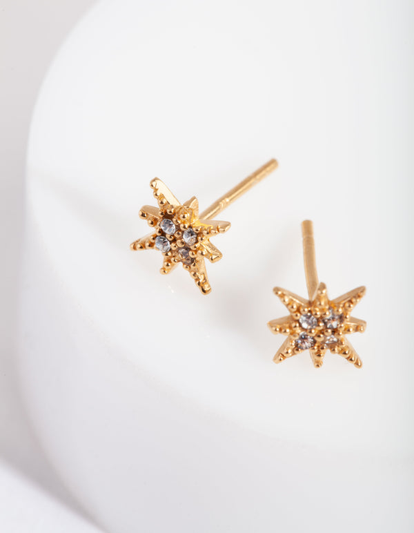 Gold Plated Sterling Silver Diamante Starburst Stud Earrings