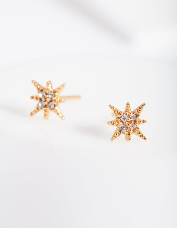 Gold Plated Sterling Silver Diamante Starburst Stud Earrings