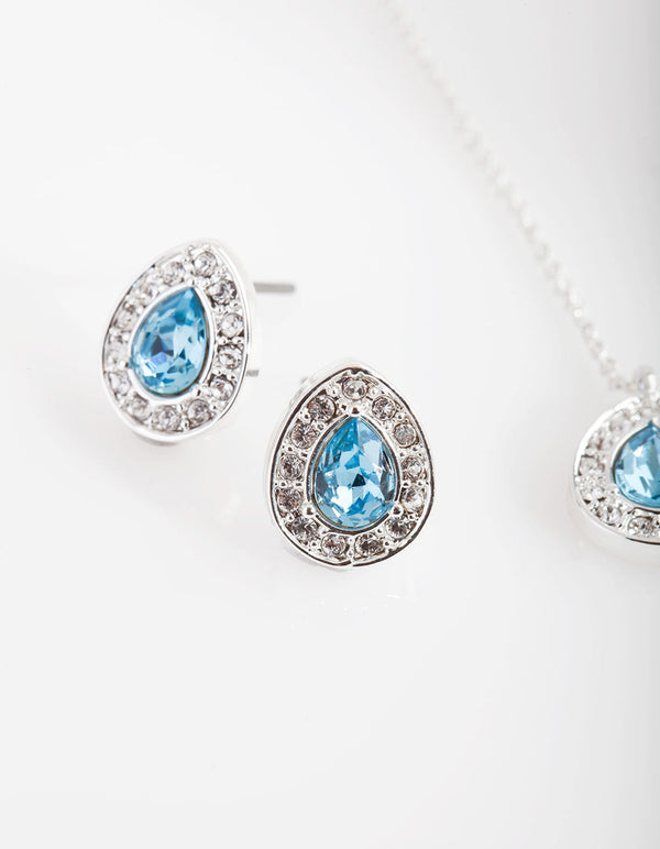 Blue Diamond Simulant Teardrop Earrings and Necklace Set