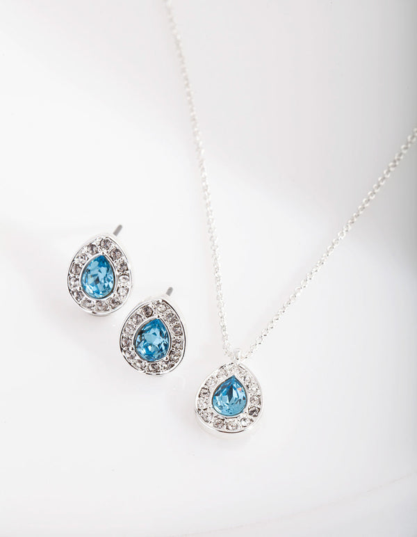 Blue Diamond Simulant Teardrop Earrings and Necklace Set