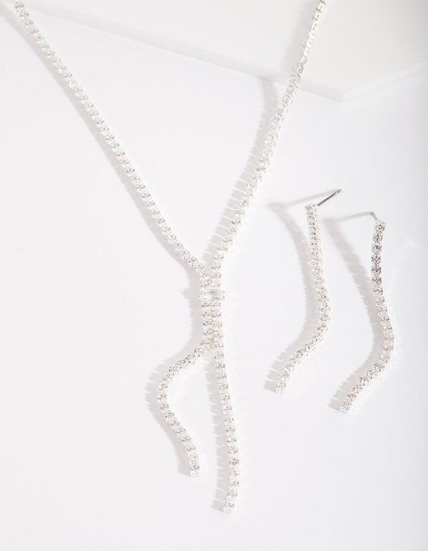Silver Cubic Zirconia Cupchain Y Necklace and Earrings