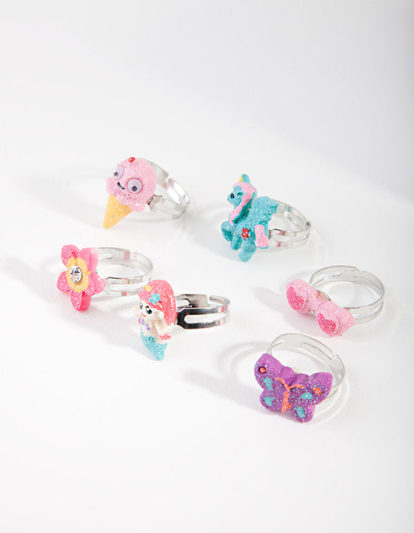 Kids Silver Mermaid and Unicorn Ring 6 Pack