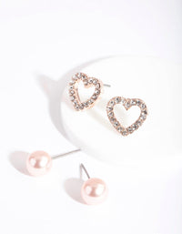 Rose Gold Diamante Heart Pearl Earring 2 Pack - link has visual effect only