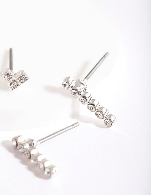 Silver Geometric Heart Stick Stud 2 Pack