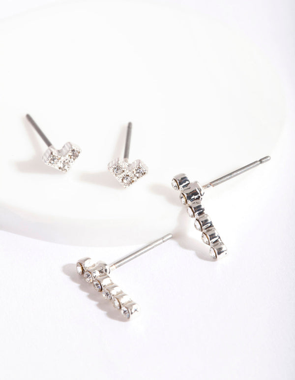 Silver Geometric Heart Stick Stud 2 Pack