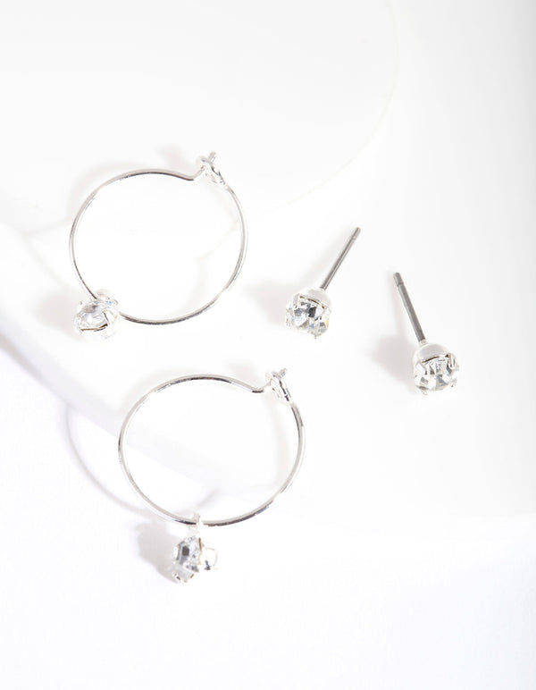 Silver Diamante Hoop Earrings Set