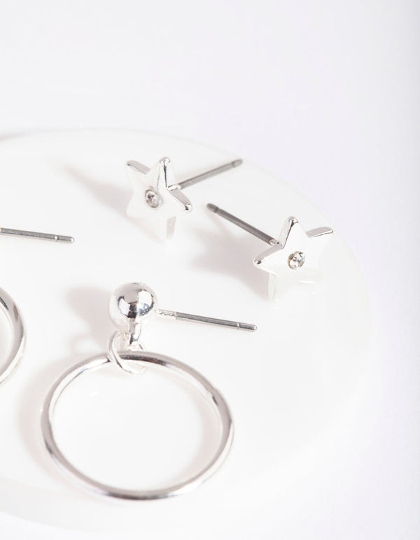 Silver Star Hoop Drop Earrings Set