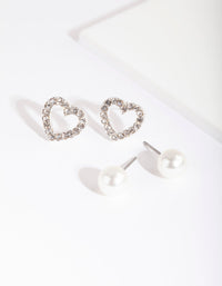 Silver Diamante Heart Pearl Earring 2 Pack - link has visual effect only