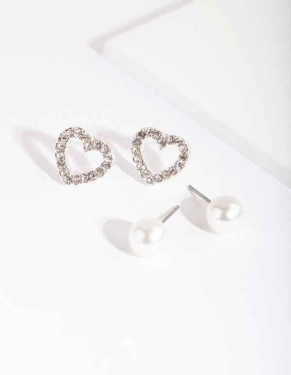 Silver Diamante Heart Pearl Earring 2 Pack