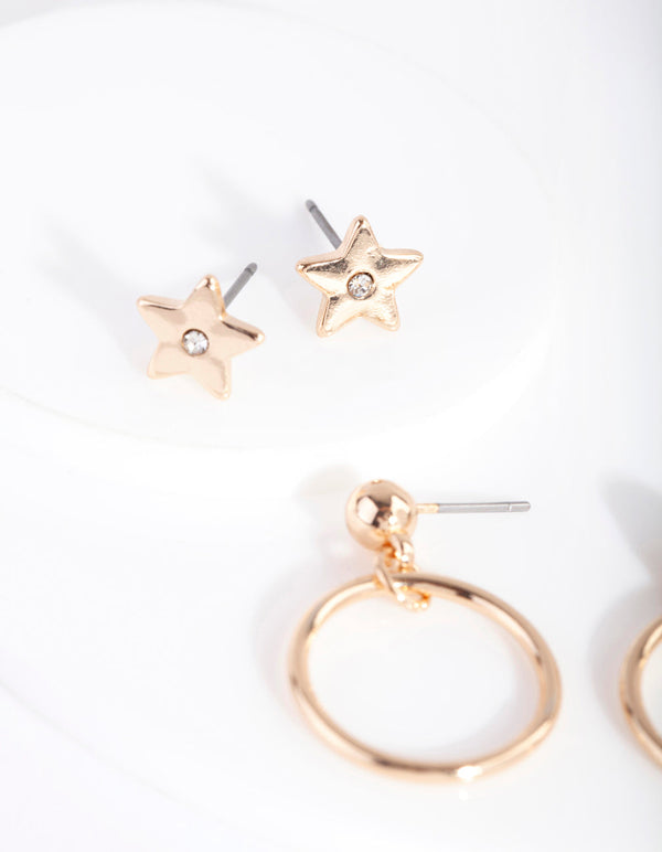 Gold Star Hoop Drop Earrings Set