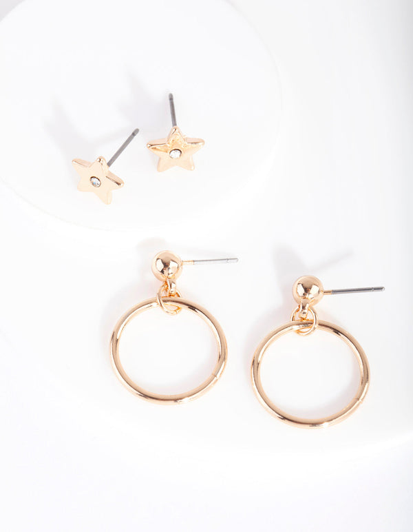 Gold Star Hoop Drop Earrings Set