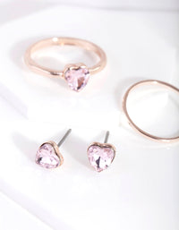 Kids Rose Gold Diamante Heart Earrings Ring Set - link has visual effect only