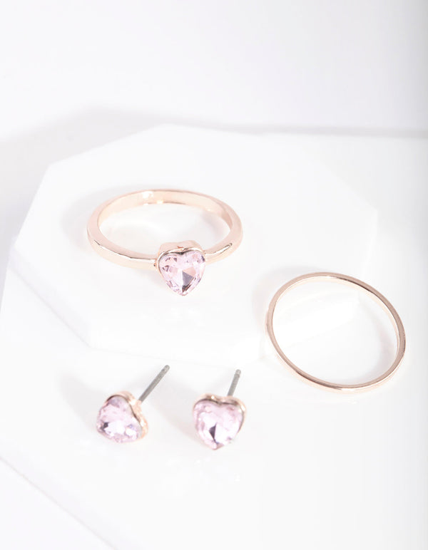 Kids Rose Gold Diamante Heart Earrings Ring Set