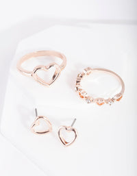 Rose Gold Multi Heart Earrings Ring Set - link has visual effect only