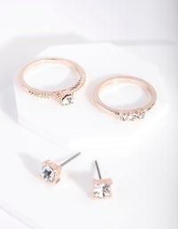Rose Gold Diamante Etched Earrings Ring Set - link has visual effect only