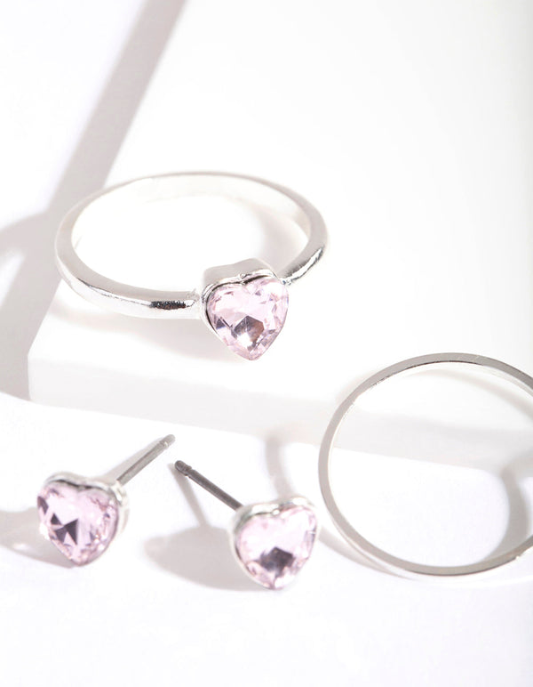 Kids Silver Diamante Heart Earrings Ring Set