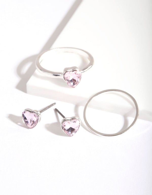 Kids Silver Diamante Heart Earrings Ring Set