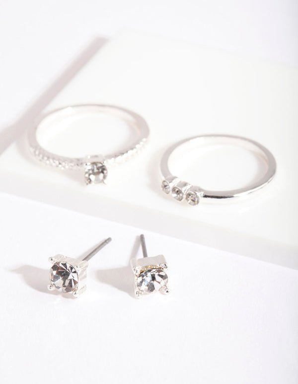 Silver Diamante Etched Earrings Ring Set