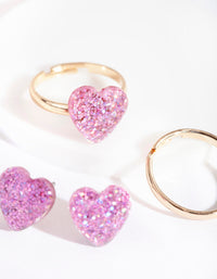 Gold Pink Glitter Heart Earring Ring Pack - link has visual effect only