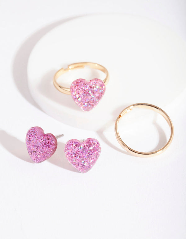 Gold Pink Glitter Heart Earring Ring Pack