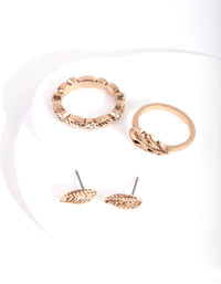 Antique Gold Textured Leaf Earring Ring Pack - link has visual effect only