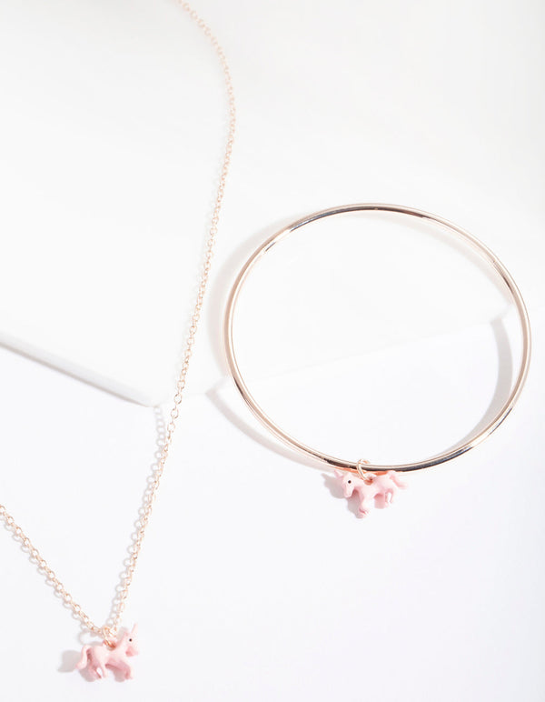 Kids Rose Gold Pink Unicorn Charm Necklace Bangle Pack