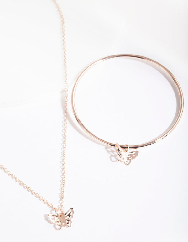 Kids Rose Gold Butterfly Necklace Bangle Pack
