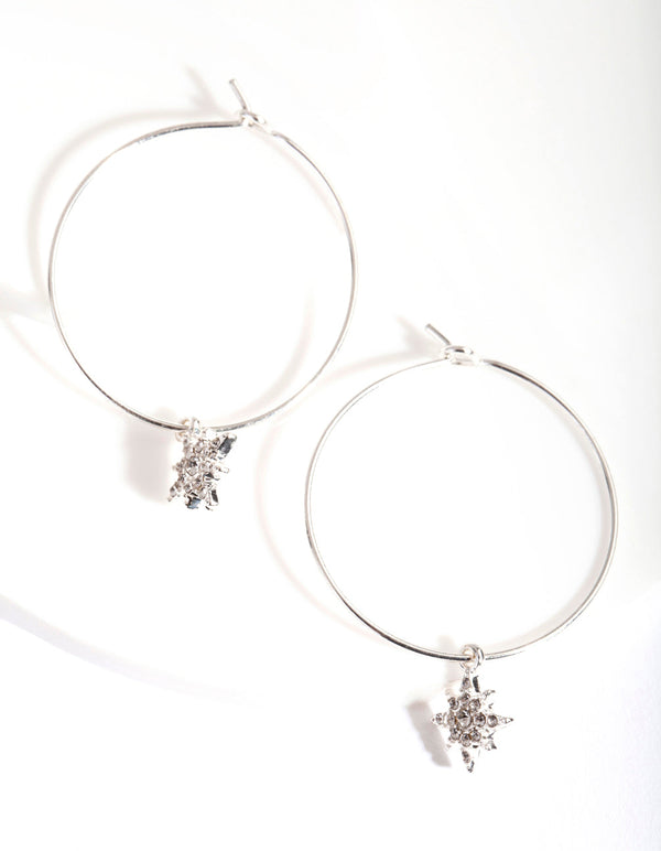 Silver Diamante Star Charm Hoop Earrings