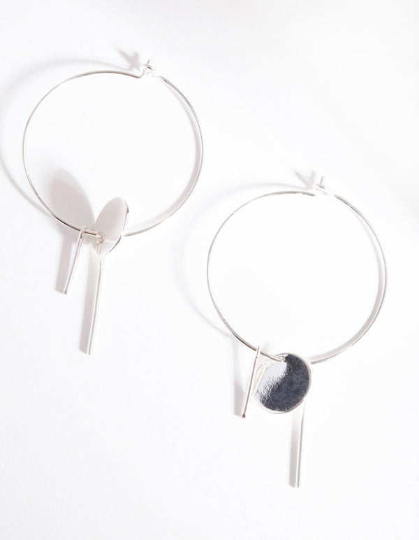 Silver Disc & Line Hoop Earrings