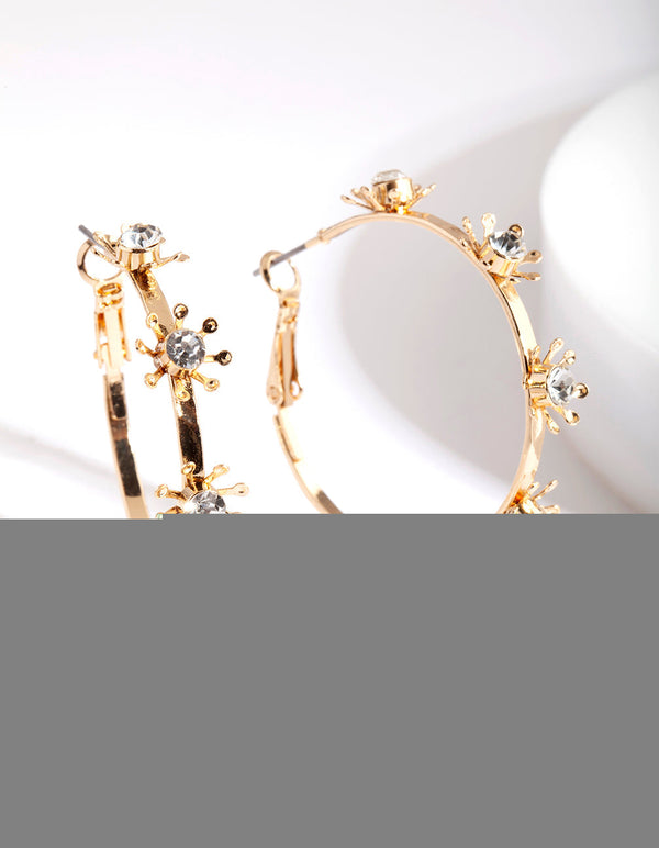 Gold Flower Diamante Hoop Earrings