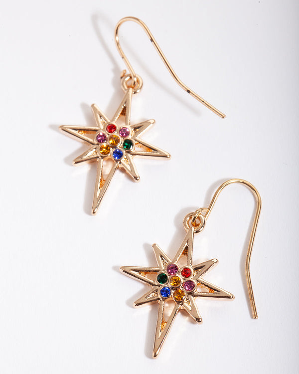 Gold Pointed Star Diamante Drop Earrings