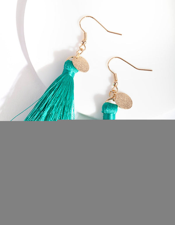 Gold Disc Charm Blue Tassel Earrings