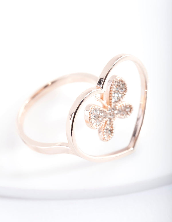 Rose Gold Open Heart Diamante Butterfly Ring