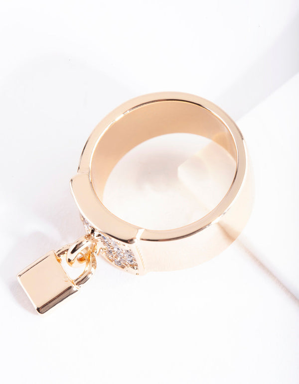 Gold Chunky Padlock Diamante Ring