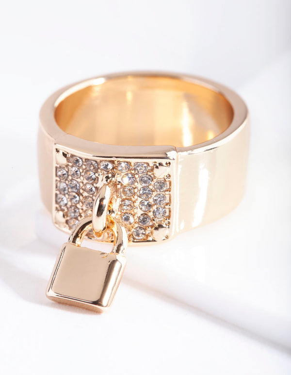 Gold Chunky Padlock Diamante Ring