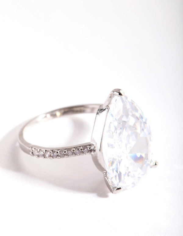 Rhodium Cubic Zirconia Large Pear Stone Ring