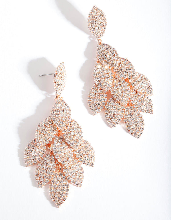 Roségouden oorbellen met diamant en meerdere bladeren