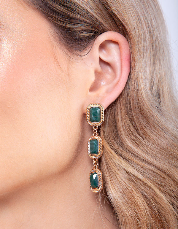 Green Triple Stone Drop Earrings