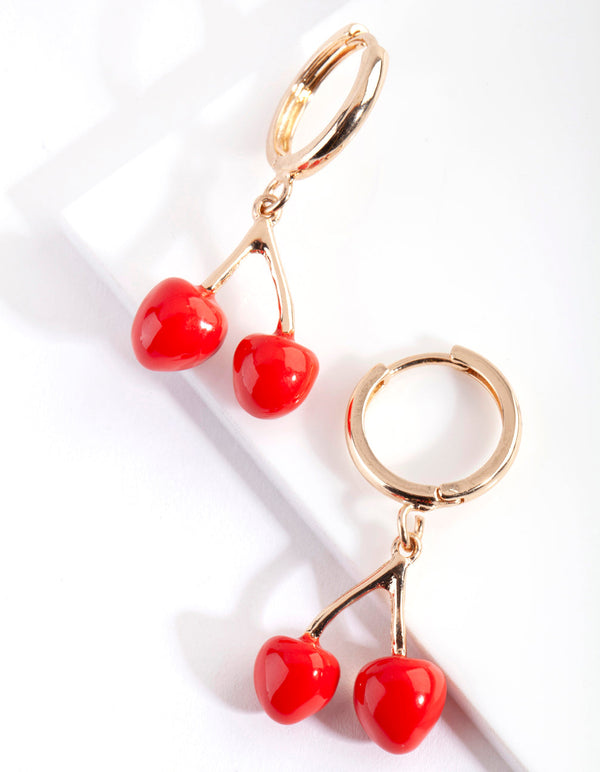 Gold Cherry Drop Hoop Earrings