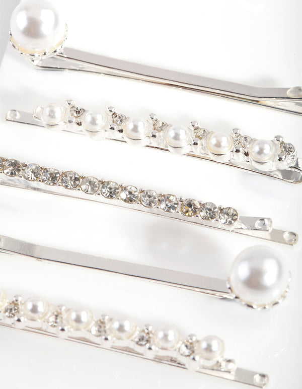 Silver Pearl and Crystal Hair Clip 6 Pack