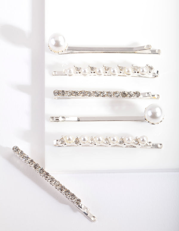 Silver Pearl and Crystal Hair Clip 6 Pack