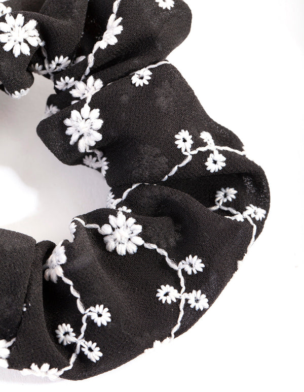 Black and White Embroidery Scrunchie