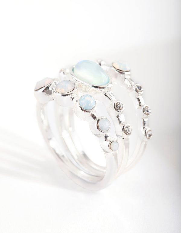 Silver Round Synthetic Opal Ring 3 Pack