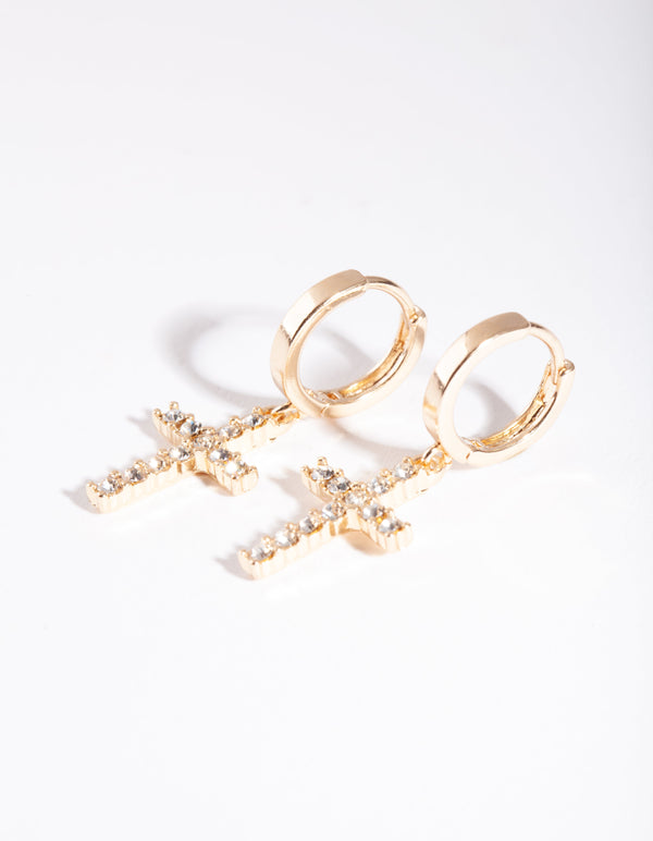 Gold Diamante Cross Huggie Earrings