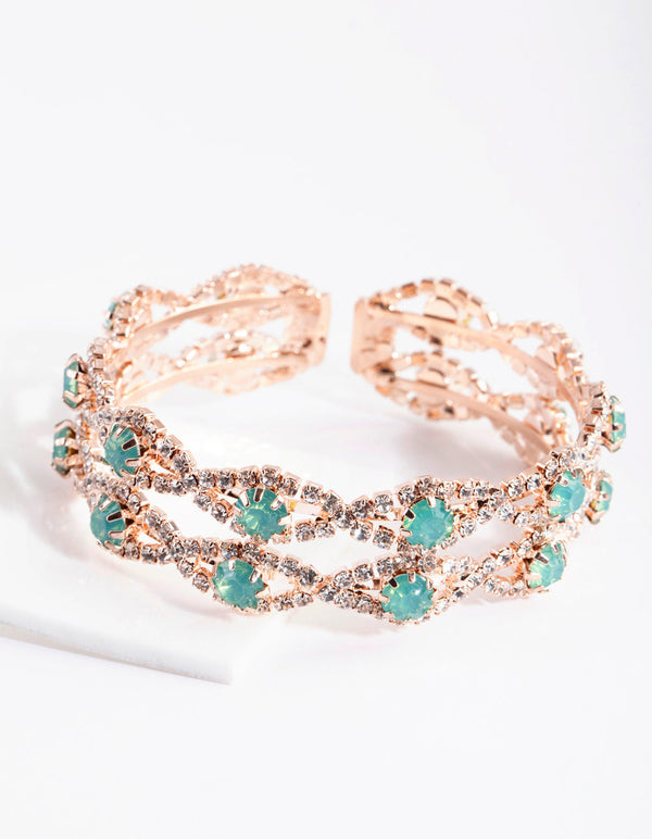Green Stone Diamante Cupchain Cuff Bracelet