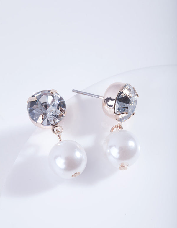 Rose Gold Round Diamante Pearl Drop Earrings