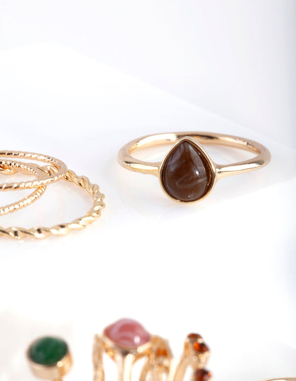 Gold Stone and Diamante Ring Stack 11 Pack